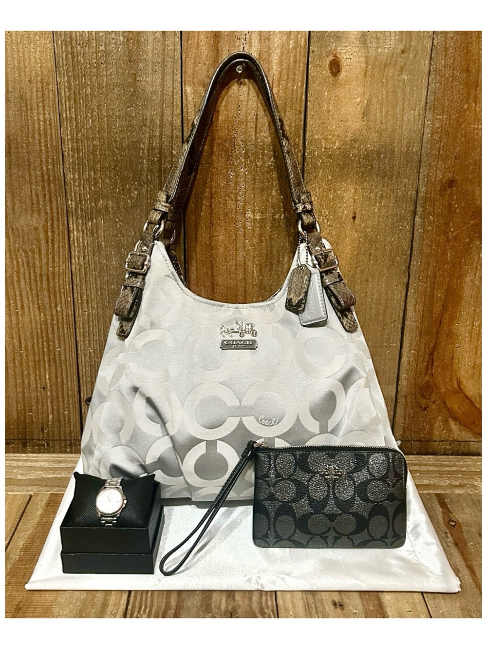 Coach. 4 Piece: Maggie Op Art Shoulder Bag with Free Watch, Wristlet & Dust Bag. - Picture 16 of 16